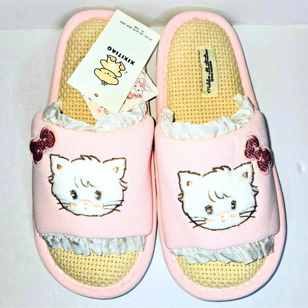 MIKKO Slippers Licensed White Cat and Ruffles, Pink Bow, Women Shoes 9 NEW NWT